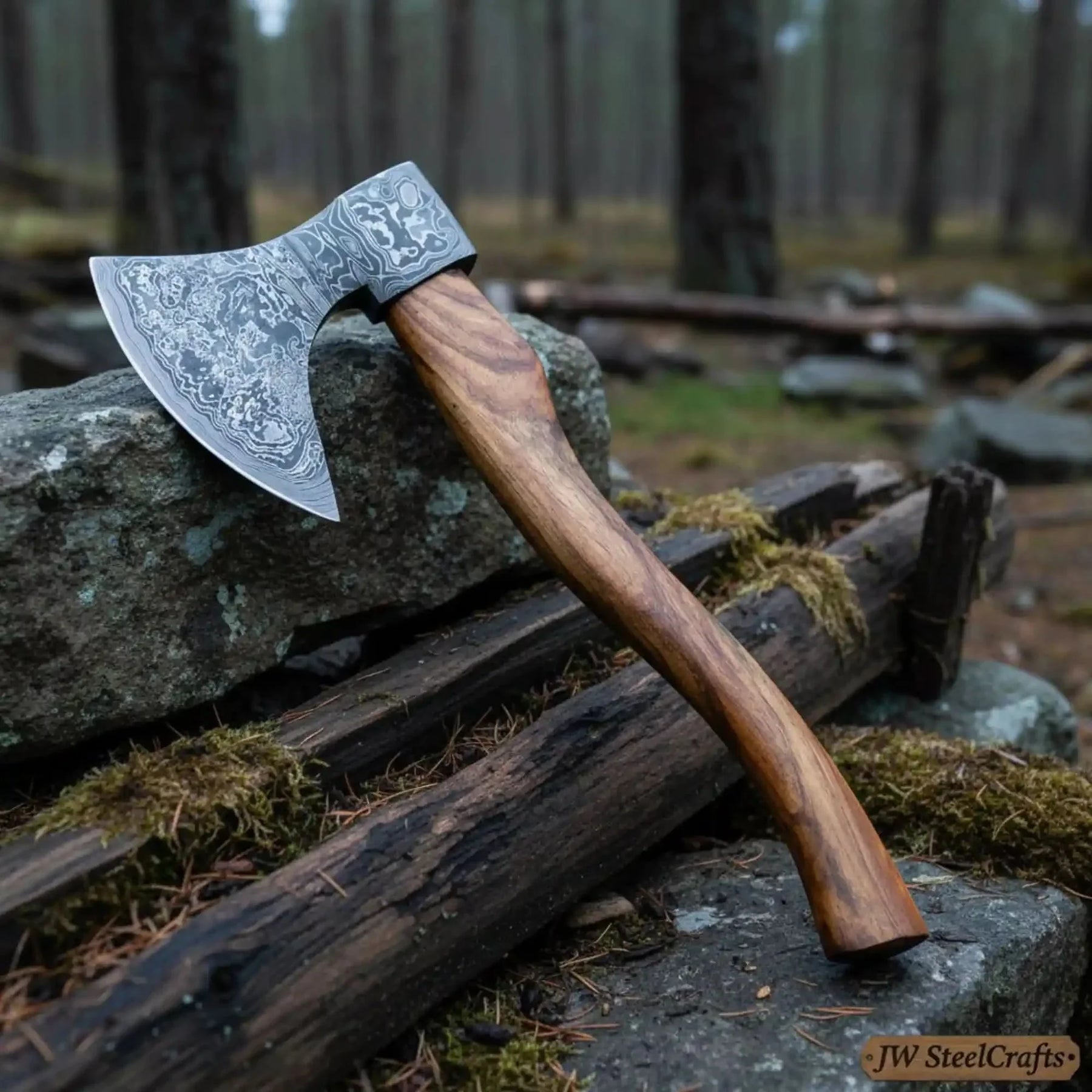 Damascus steel axe head with wood handle on rustic wood surface