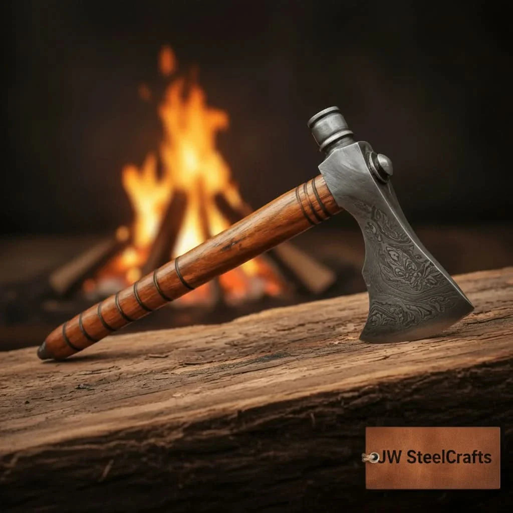Damascus steel axe head with wood handle on rustic wood surface