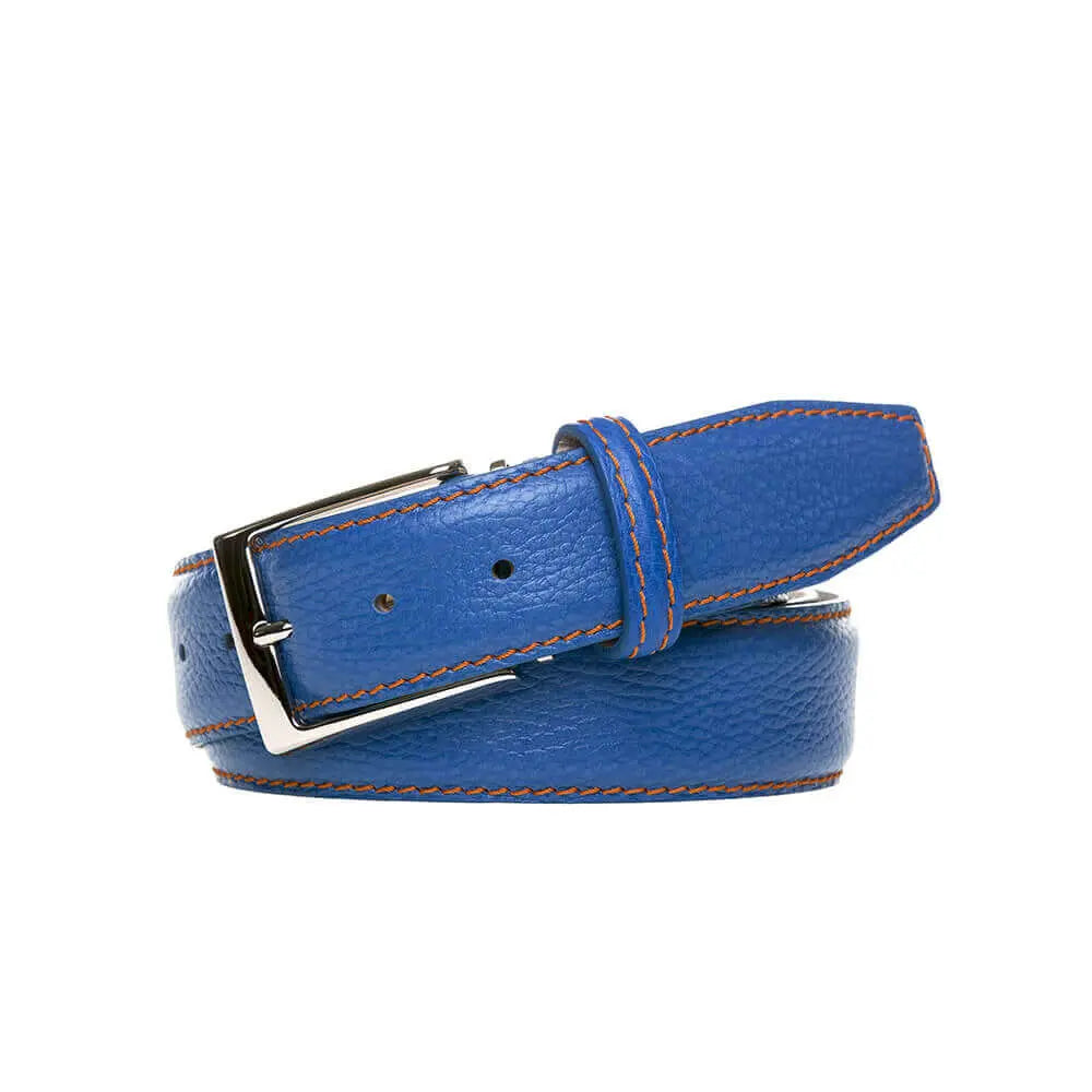 Close up of blue Italian pebble grain leather texture