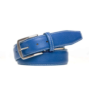 Roger Ximenez blue custom leather belt with bespoke sizing options
