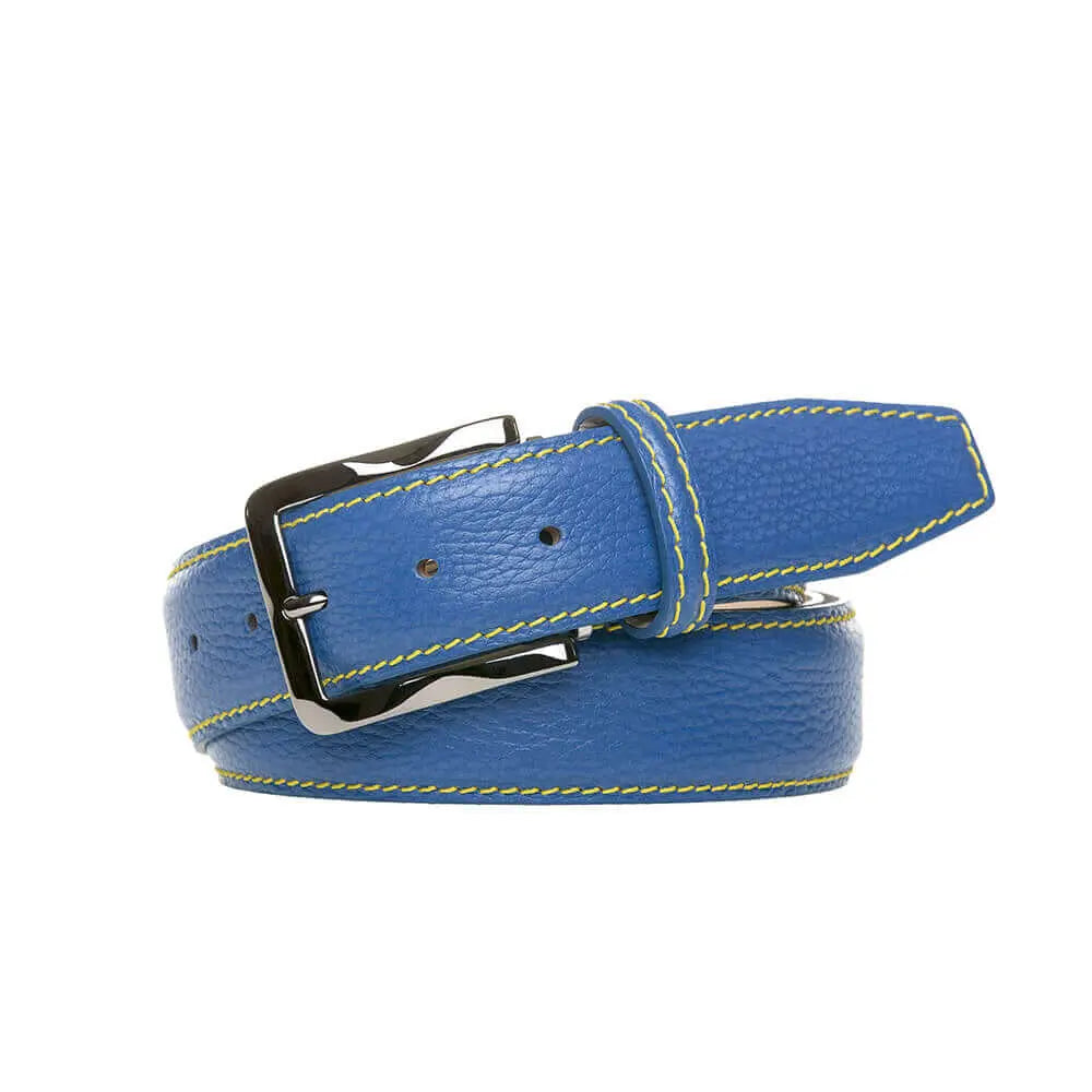 Blue pebble grain belt showing handmade leather craftsmanship