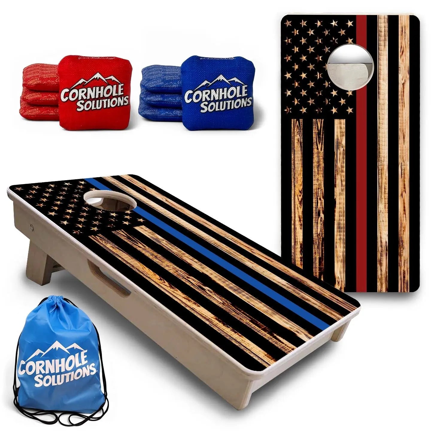 Blue & Red Line Burnt Flag - Mini or Vacation Size Cornhole Boards