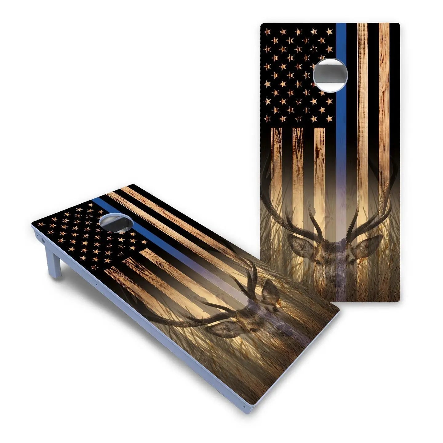Blue & Red Line Deer & Fish Flag Cornhole Boards - All Weather Series Cornhole Solutions