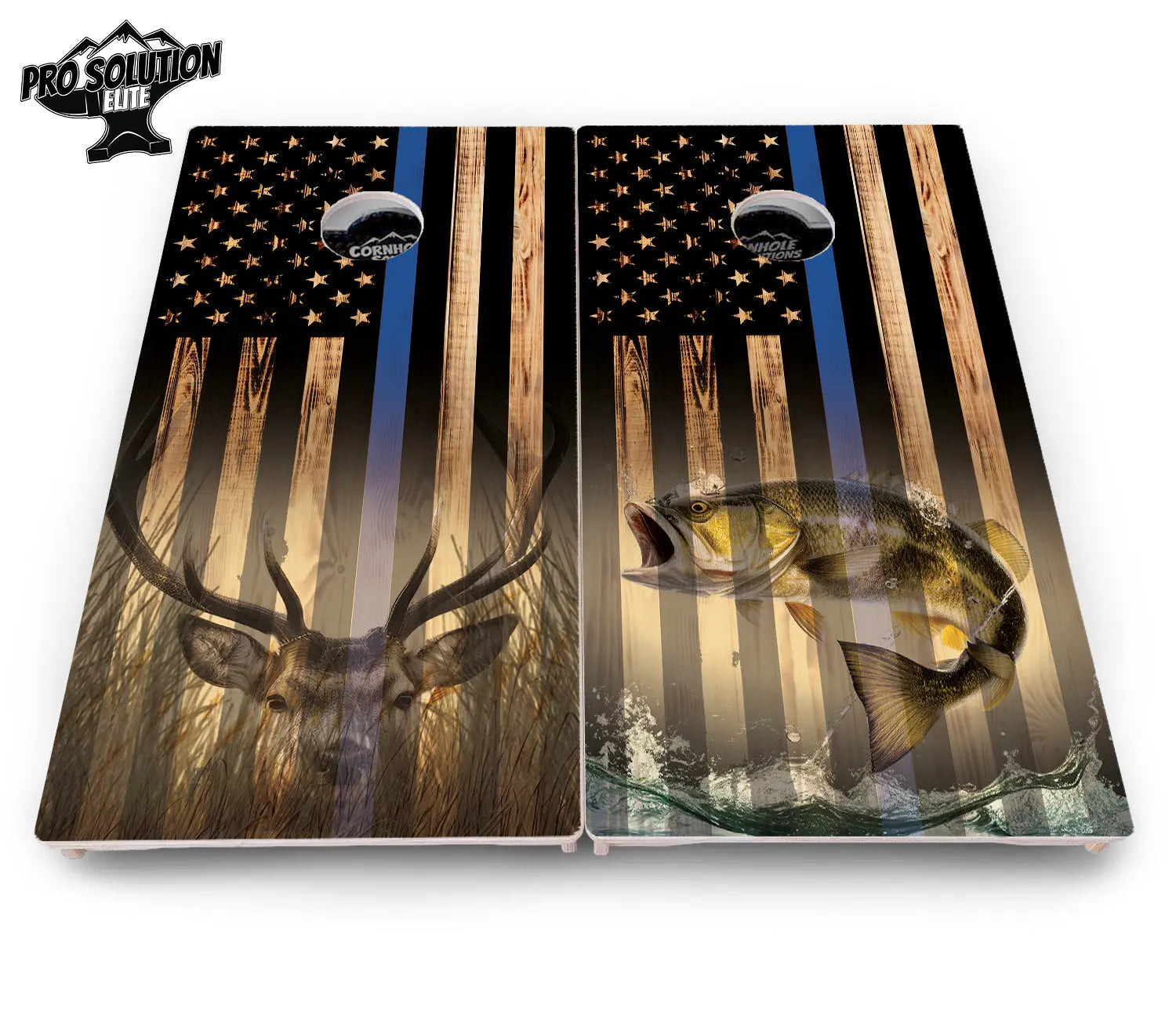 Blue & Red Line Flag Deer & Fish Flag Cornhole Boards - Pro Solution Elite Series Cornhole Solutions