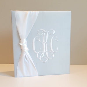 Blue shantung handmade baby memory book with satin bow by AP Creations