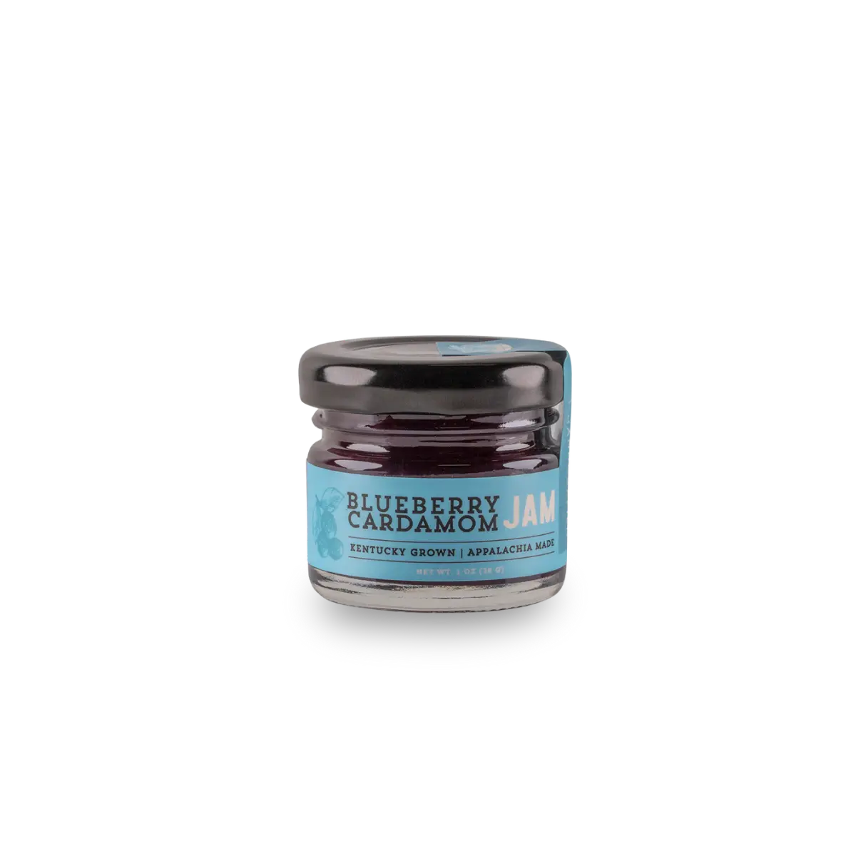 Small glass jar of blueberry cardamom jam with a blue label