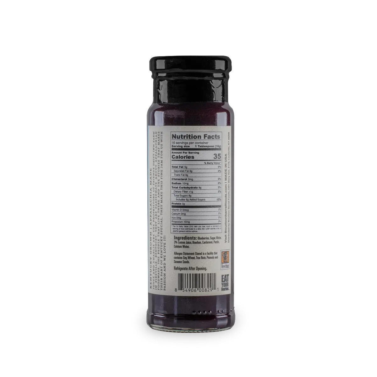 Blueberry Bourbon & Cardamom Jam in a glass jar from Bourbon Barrel Foods.
