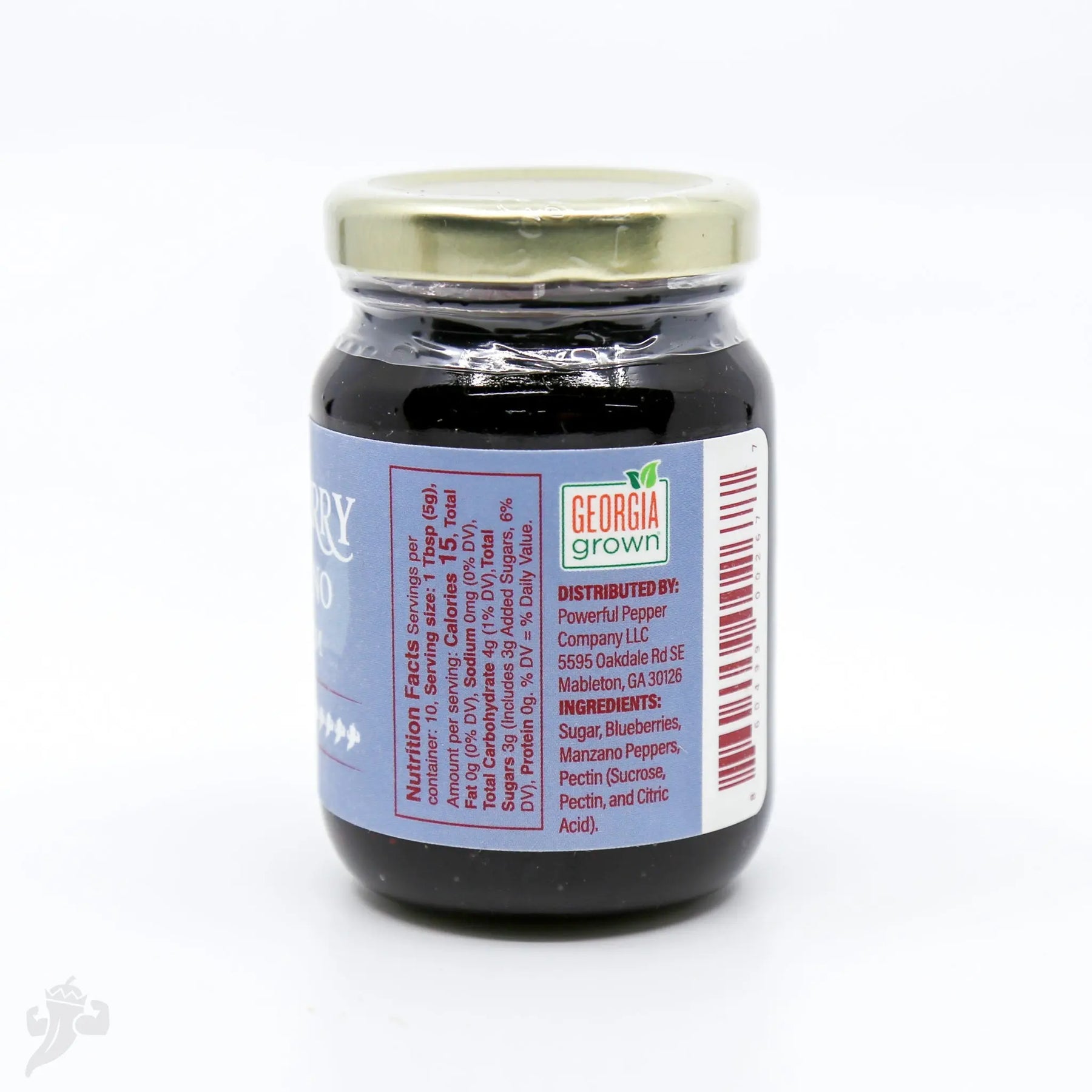 Glass jar of Blueberry Manzano Chili Jam with nutrition label and Georgia Grown logo.