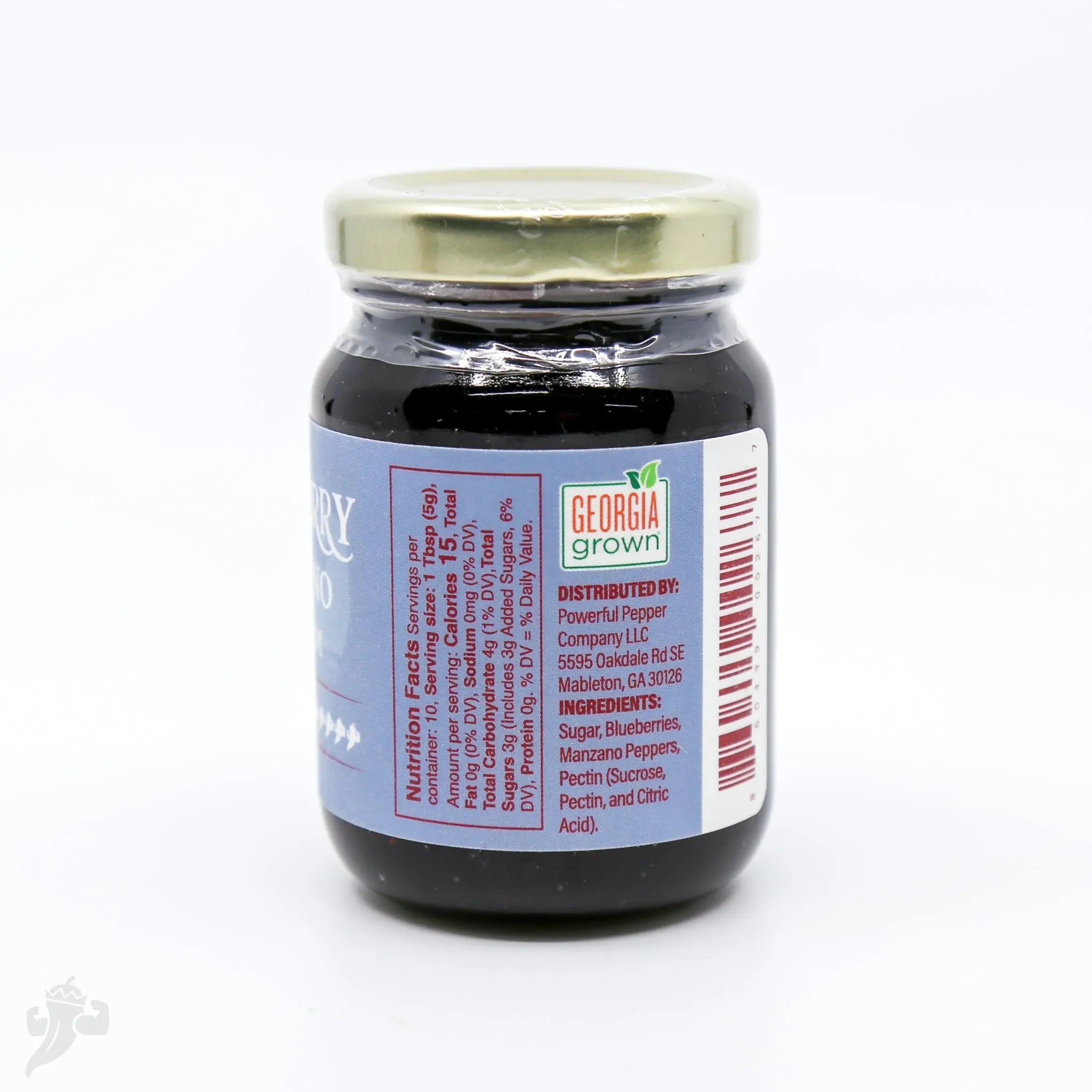 Glass jar of Blueberry Manzano Chili Jam with nutrition label and Georgia Grown logo.