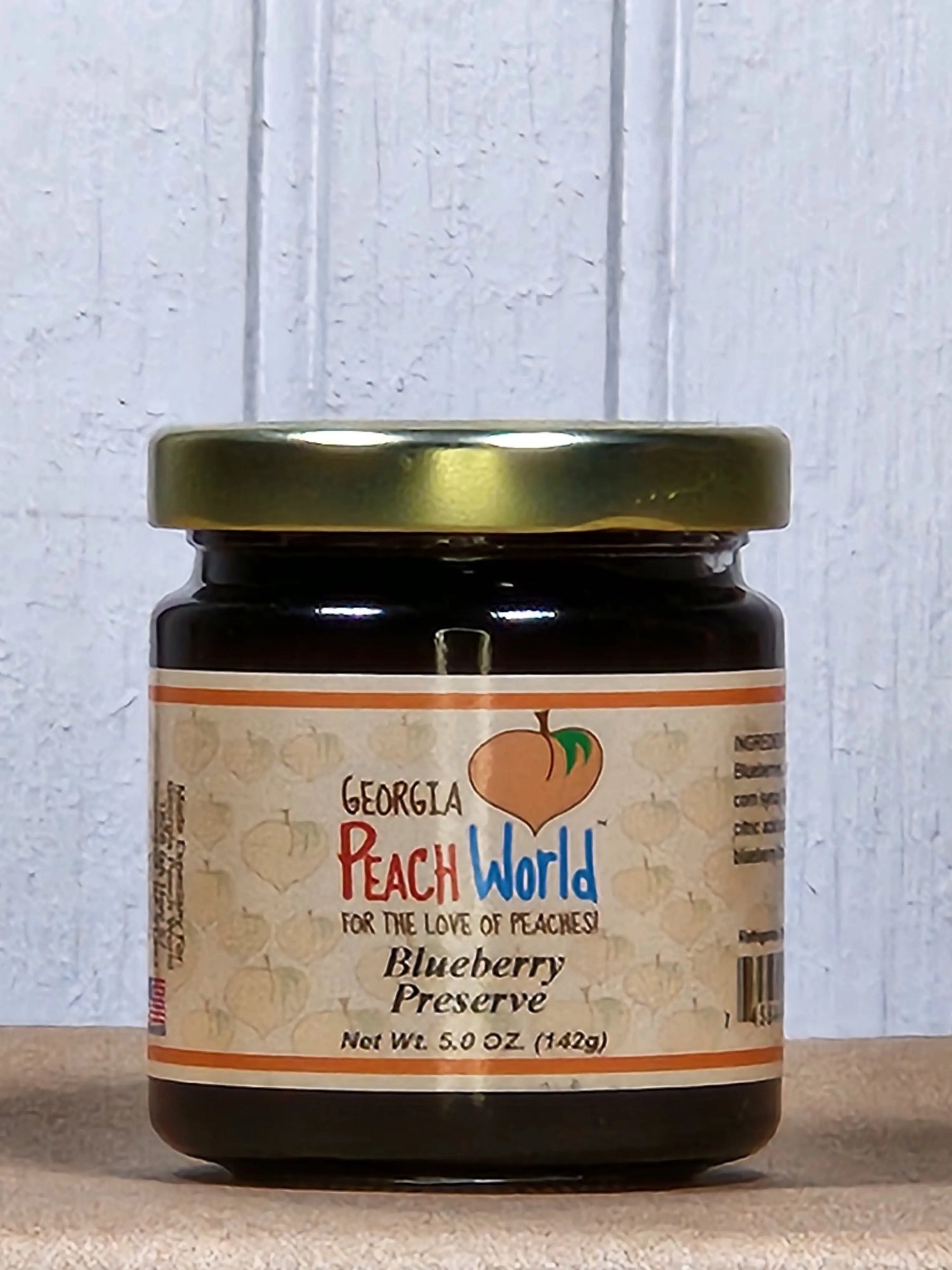 Georgia Peach World Blueberry Preserve fruit jam in a 5oz jar.