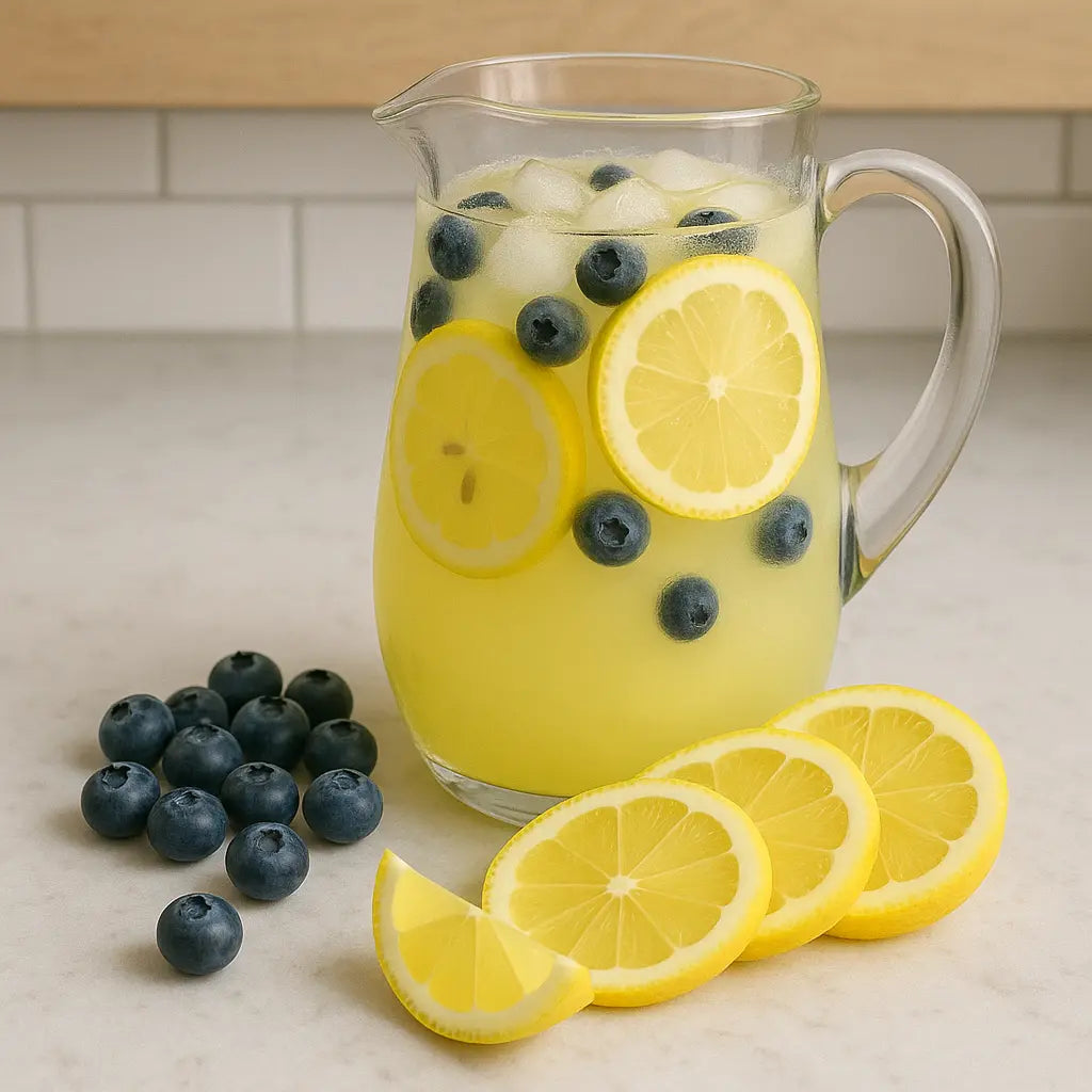A pitcher of blueberry lemon lip balm with blueberries and lemon slices, plus extra fruit on a white countertop with a white tiled wall.