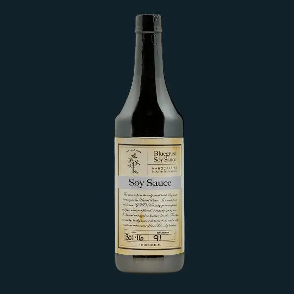 Bluegrass Soy Sauce bottle with a vintage-style label.