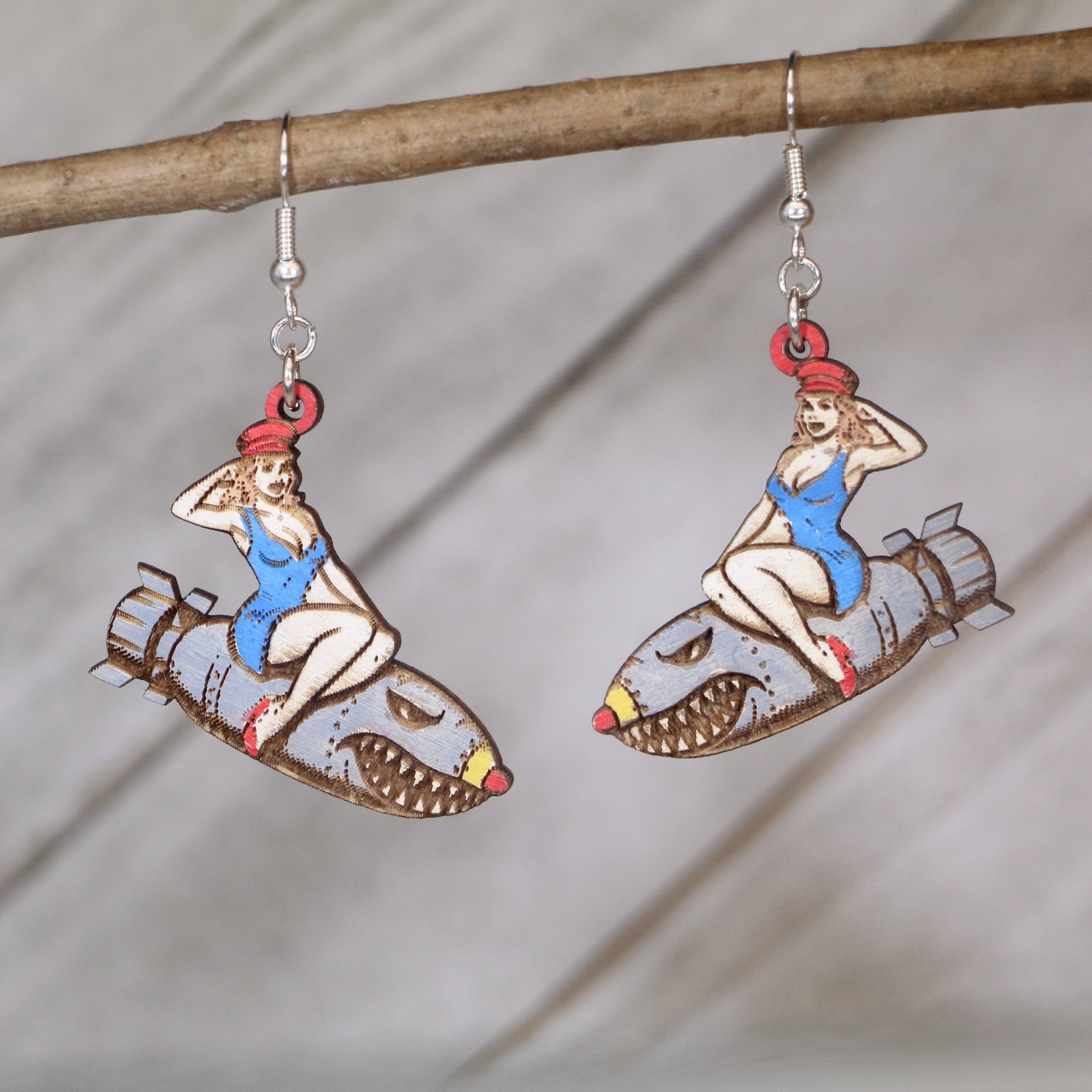 Pin-Up Bomber Girl Wooden Dangle Earrings | Retro Pin-Up Jewelry
