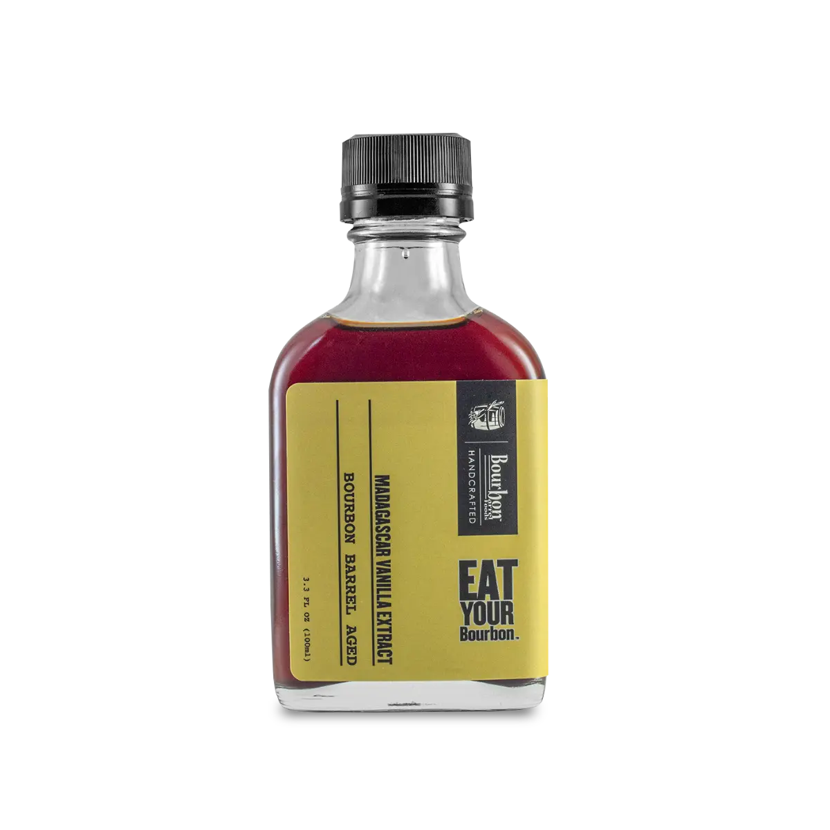 Bourbon Barrel Aged Madagascar Vanilla Extract in glass bottle with yellow label