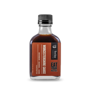Bourbon Worcestershire Sauce in glass bottle with brown label reading "Bourbon Barrel Aged"