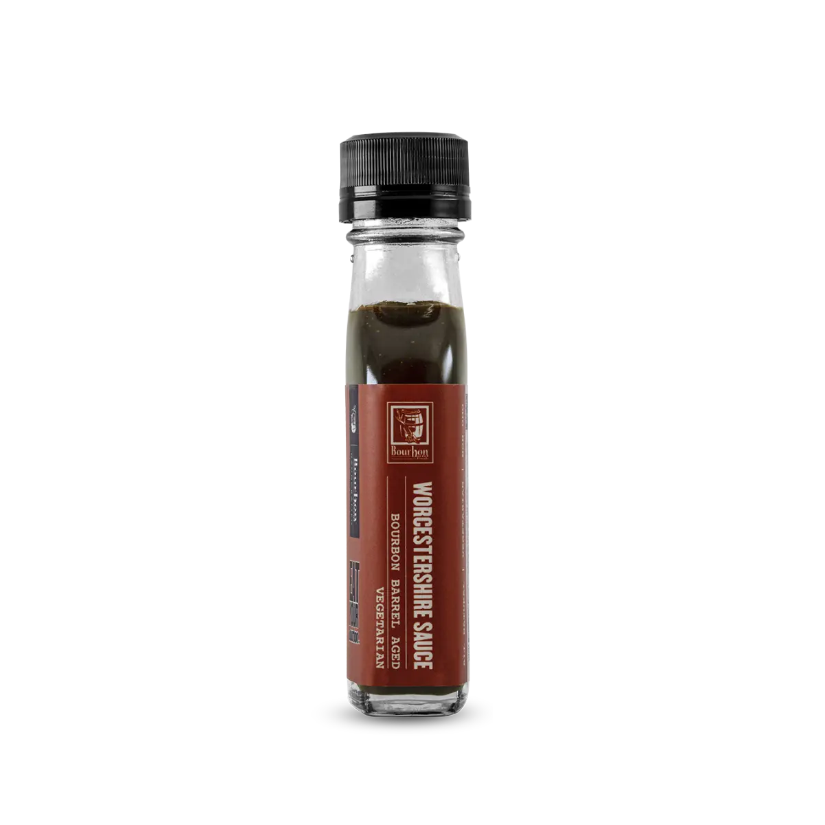 Bourbon barrel aged Worcestershire sauce in a glass bottle with a black cap