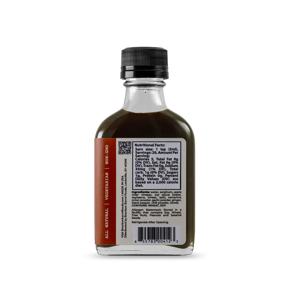 Bourbon Barrel Aged Worcestershire Sauce label from Bourbon Barrel Foods, vegetarian, non-GMO.