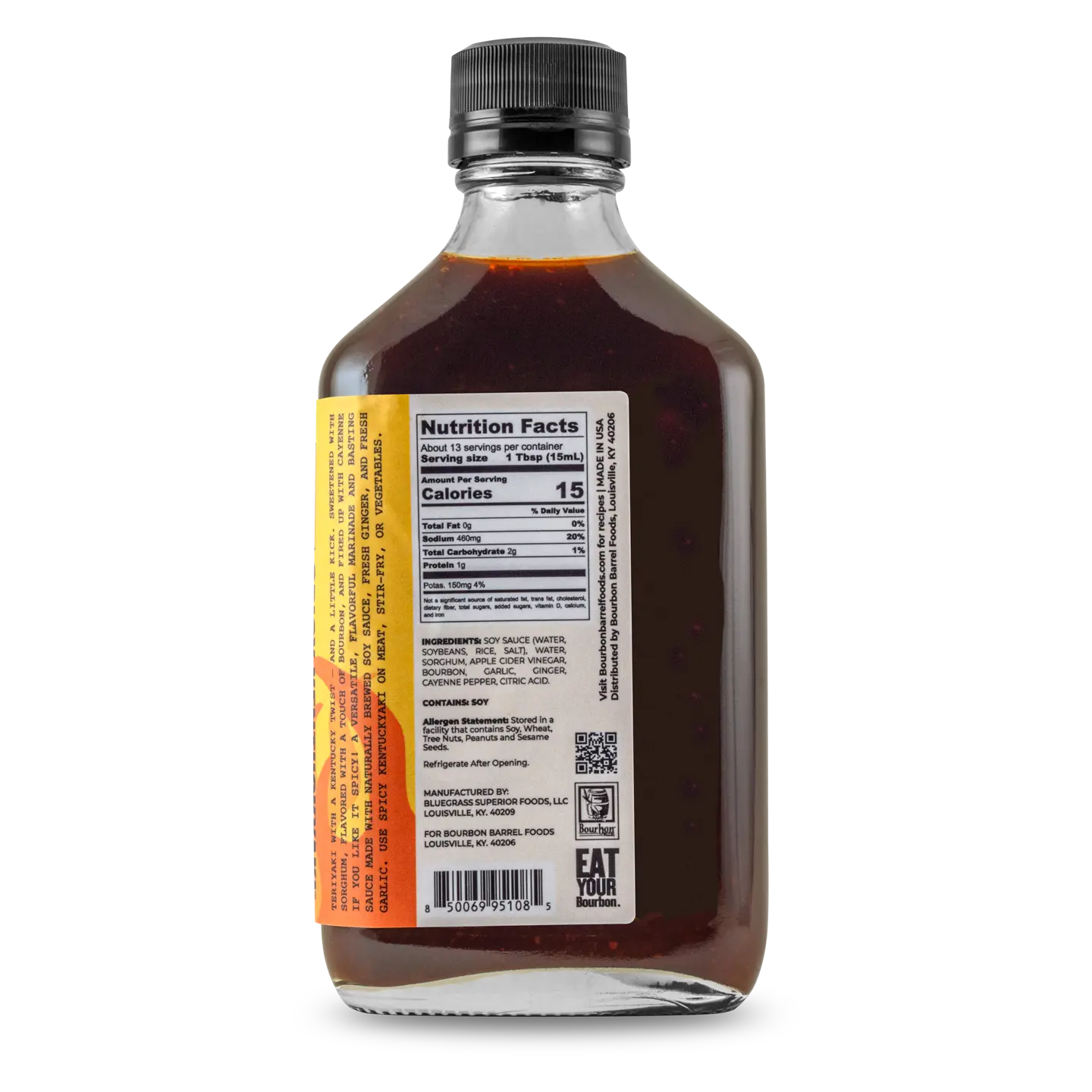 Bourbon Barrel Foods Hot and Spicy Kentuckyaki sauce bottle with nutrition label