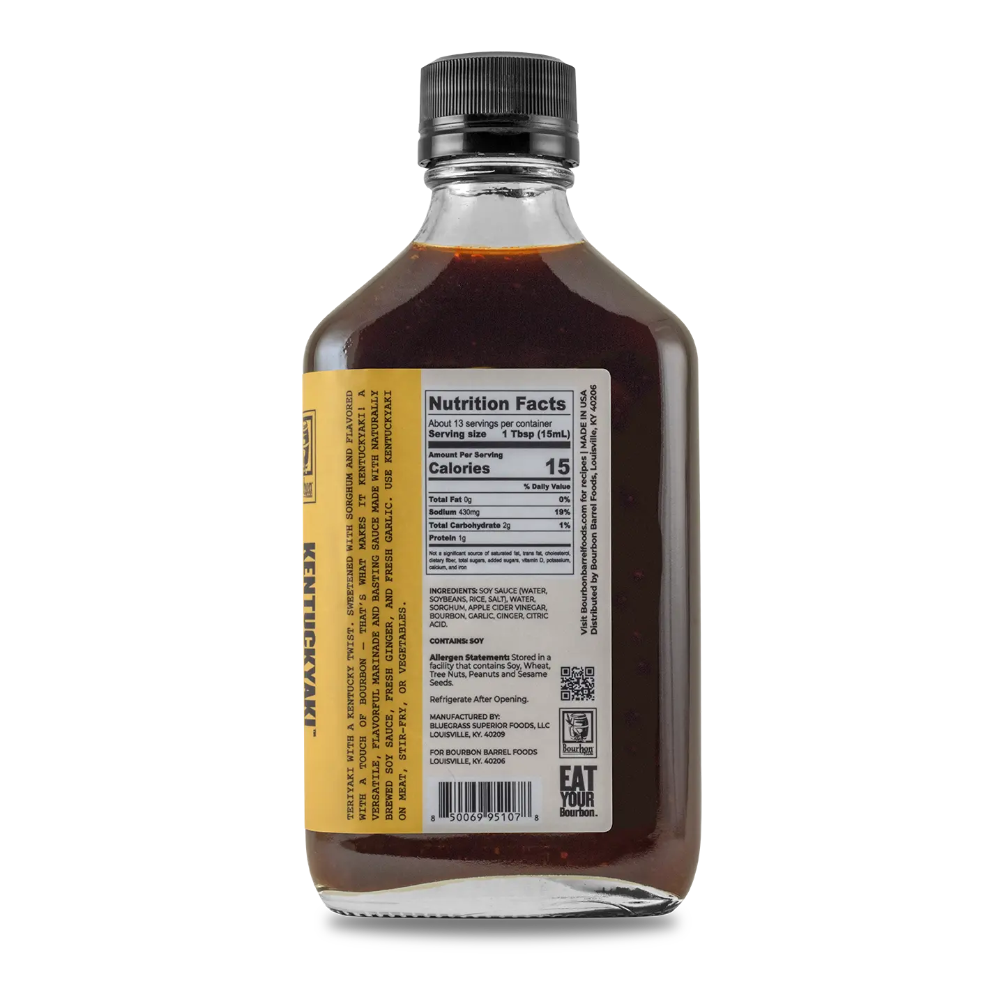 Bourbon Barrel Foods Kentuckyaki teriyaki sauce bottle with nutrition label.