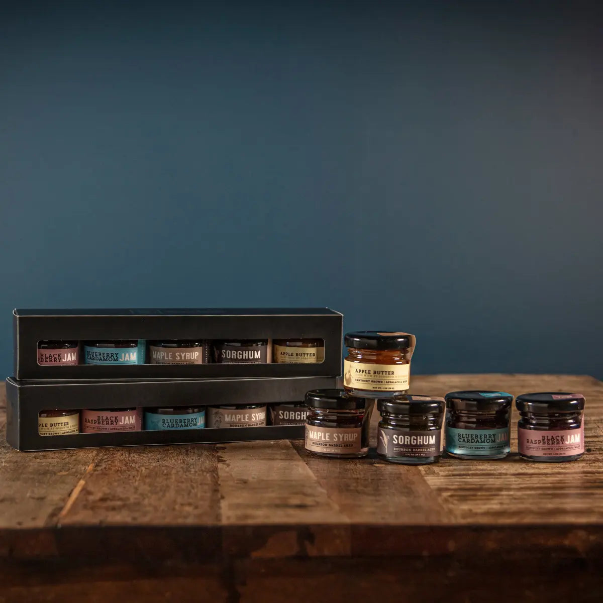 Five flavor Bourbon Barrel Foods jam gift set for breakfast baskets and cheese boards