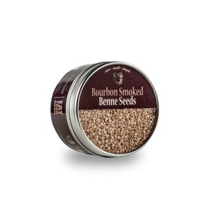 Bourbon Smoked Benne Seeds in metal tin for salads, vegetables, and rice bowls