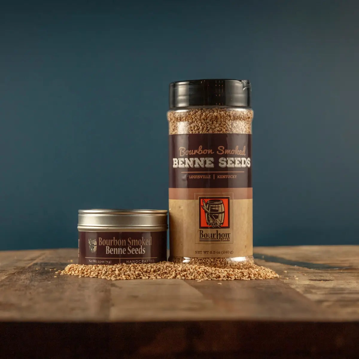 Bourbon Smoked Benne Seeds in tin and food service jar