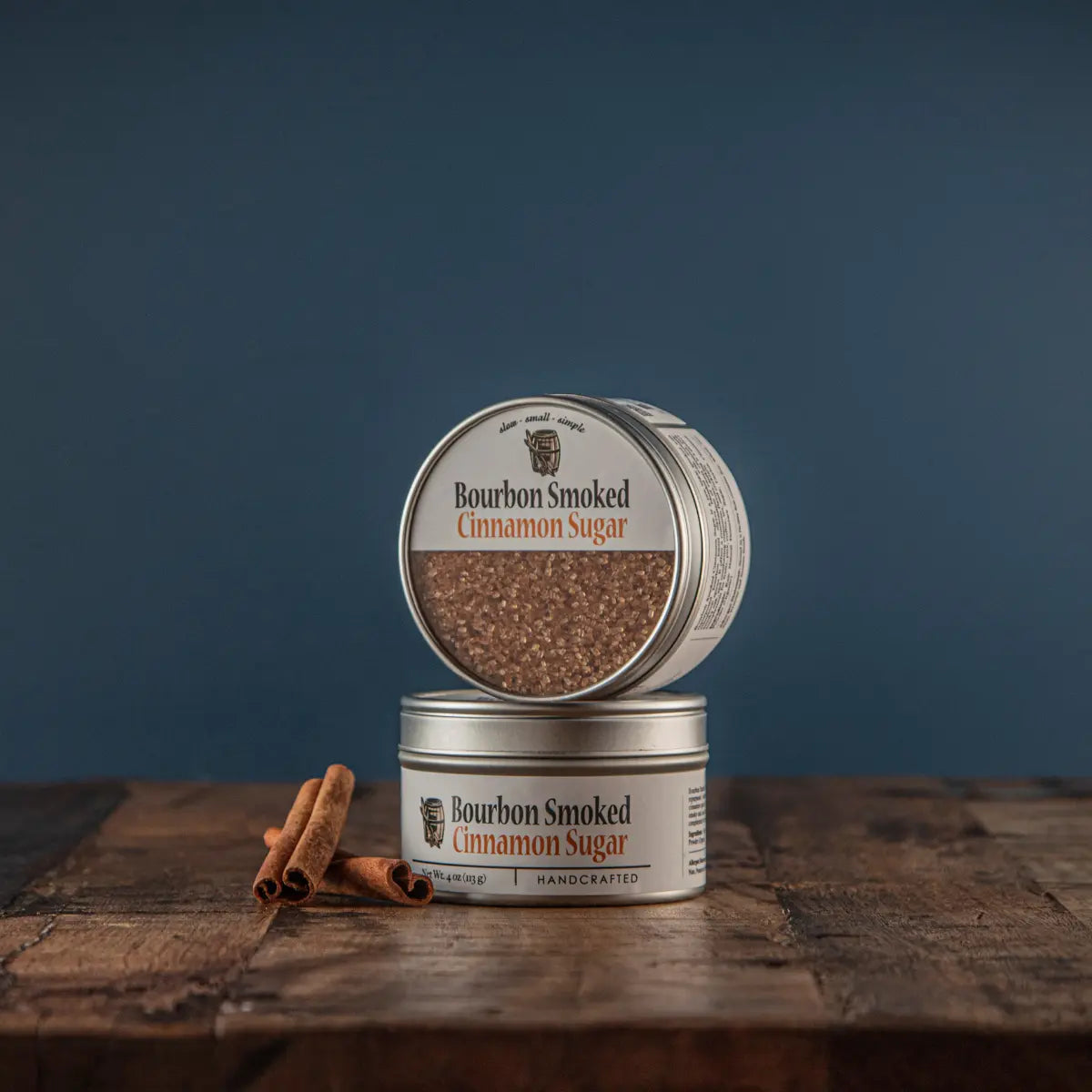 Bourbon Smoked Cinnamon Sugar tins with cinnamon sticks for baking and coffee