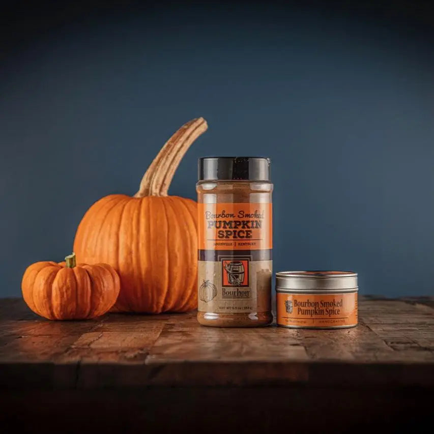 Bourbon Smoked Pumpkin Spice seasoning bottle and tin with pumpkins.