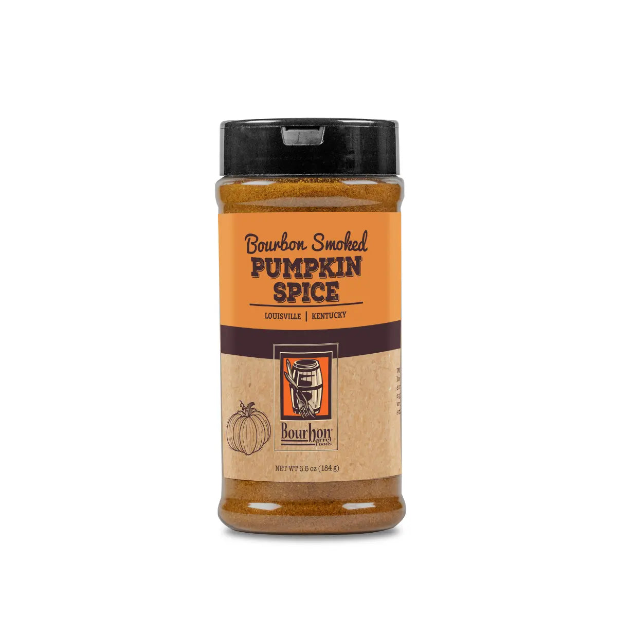 Bourbon Smoked Pumpkin Spice seasoning jar from Bourbon Barrel Foods.