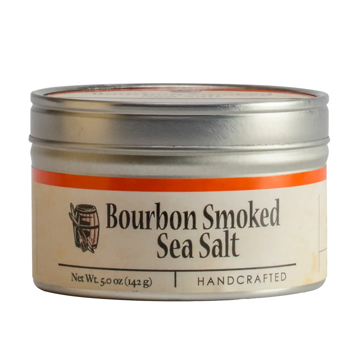 Bourbon Smoked Sea Salt in a metal tin with a label showing a barrel icon.