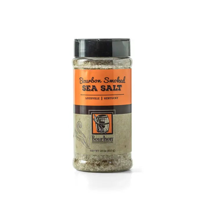 Bourbon Smoked Sea Salt in a clear plastic shaker with orange and brown label.