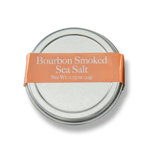 Bourbon Smoked Sea Salt in a tin container with a label.