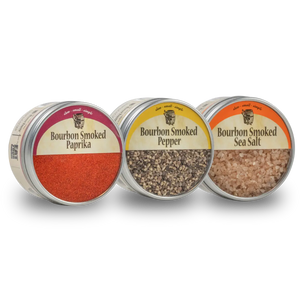 Three tins of Bourbon Smoked paprika, pepper, and sea salt seasonings