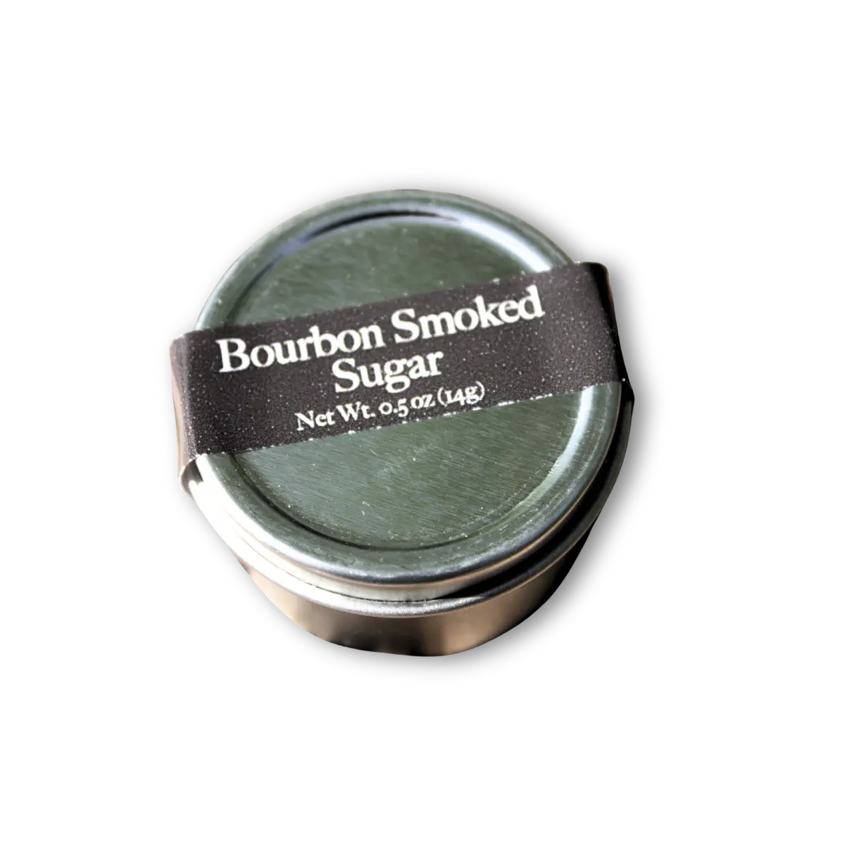 Bourbon Smoked Sugar in dark green tin with white label band