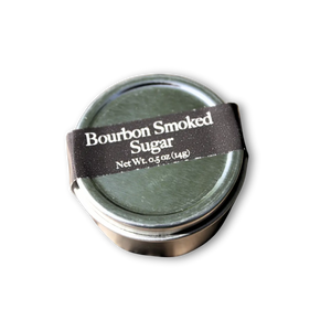 Bourbon Smoked Sugar in dark green tin with white label band