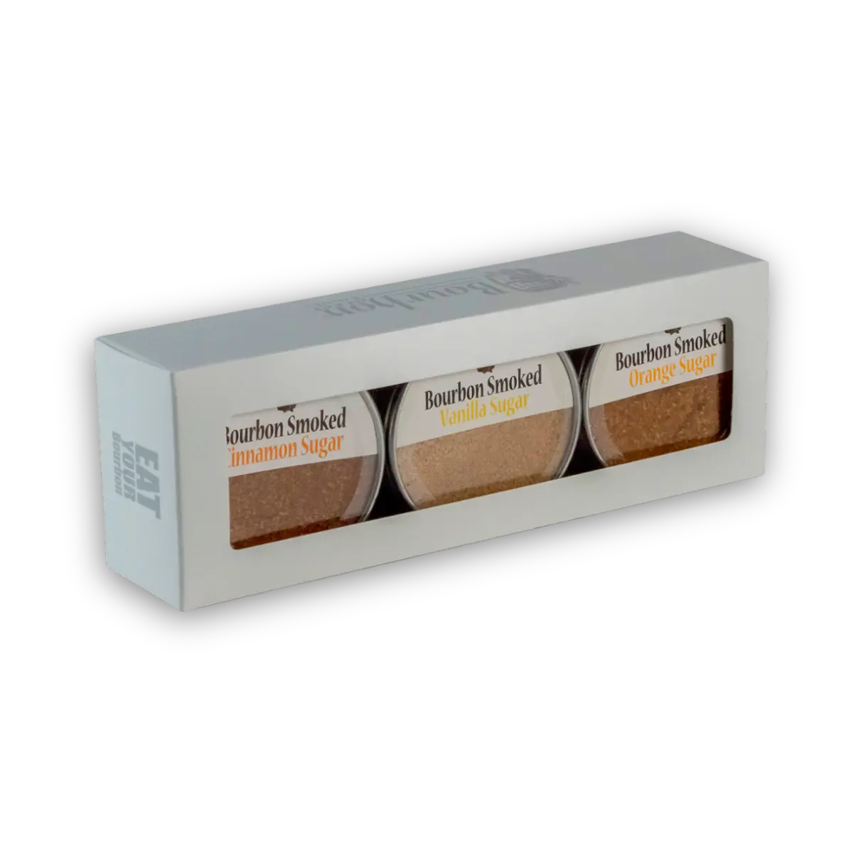Bourbon Smoked Sugars Trio gift set with cinnamon, vanilla, and orange sugars