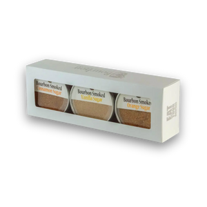 Boxed trio set of Bourbon Smoked Sugars in cinnamon, vanilla, and orange flavors.