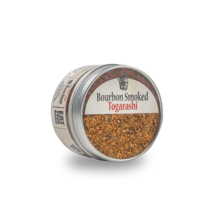 Bourbon Smoked Togarashi spice blend in metal tin for noodles and rice bowls