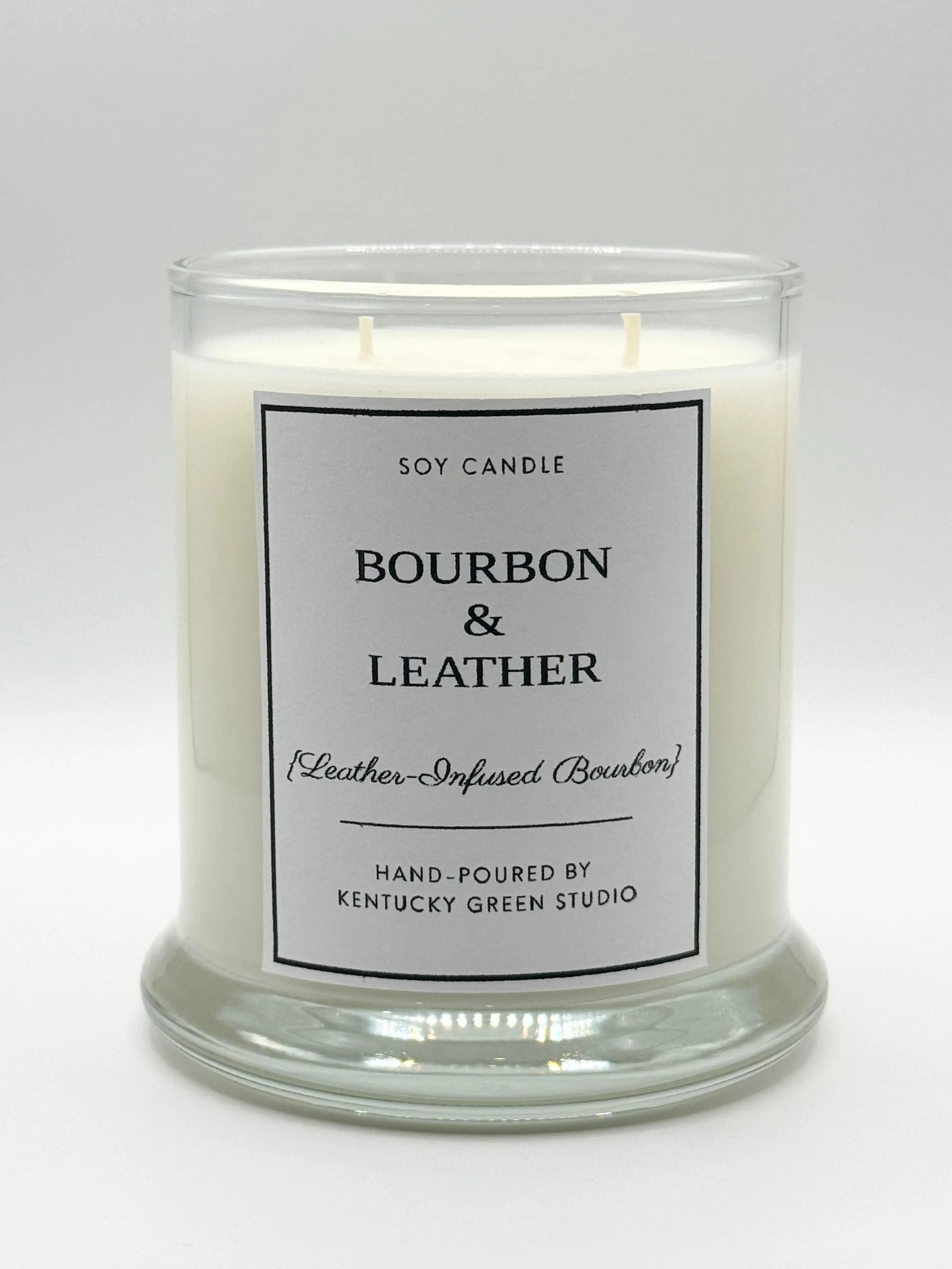 KY Green Bourbon and Leather Soy Candle with Kentucky inspired masculine fragrance notes