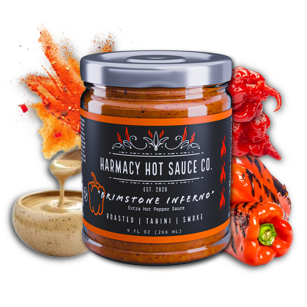 Brimstone Inferno - Extra Hot Roasted Red Pepper & Tahini (9oz) by Harmacy Hot Sauce Co.