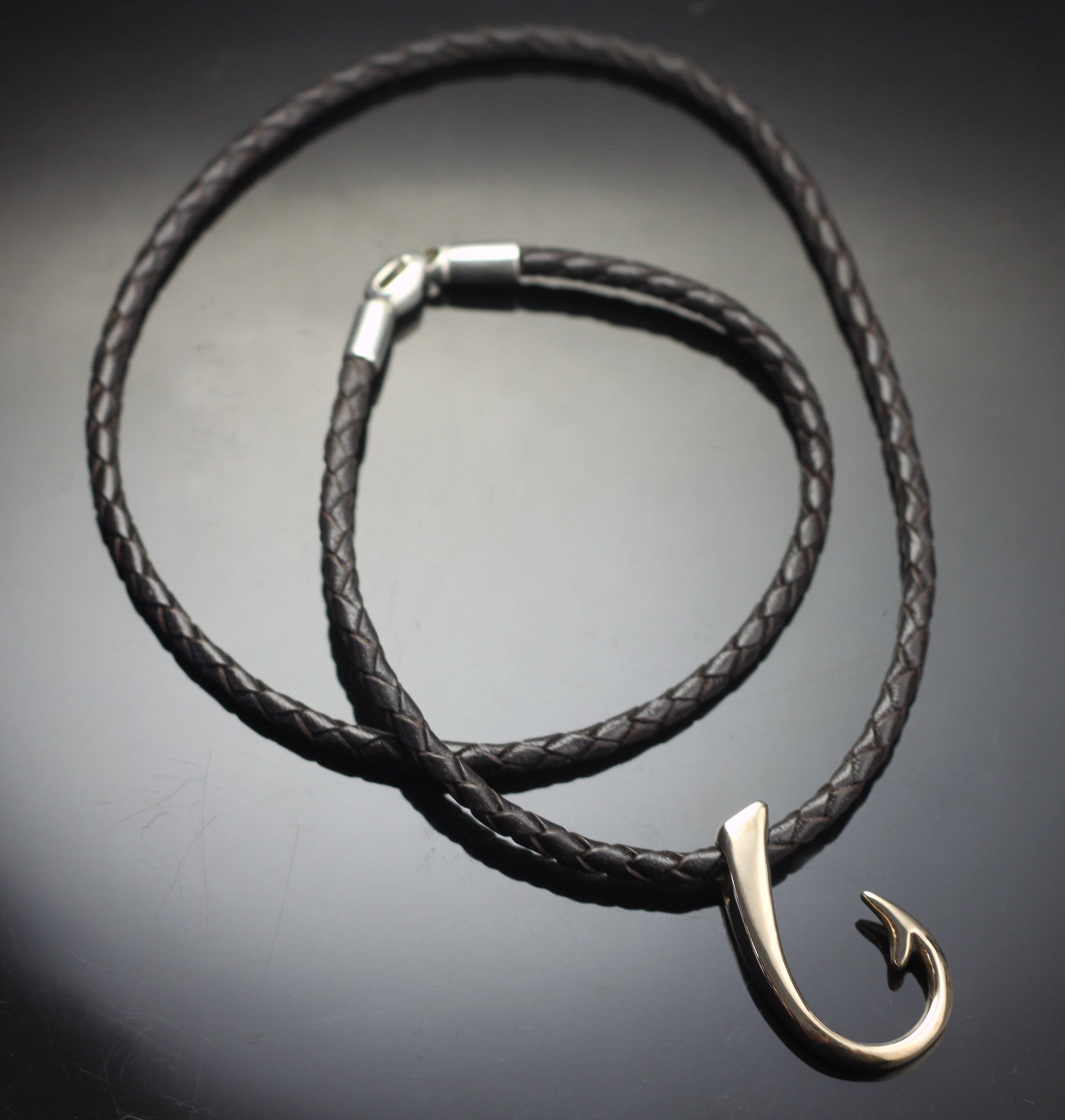 Large Bronze Hook Pendant on Braided Leather Cord