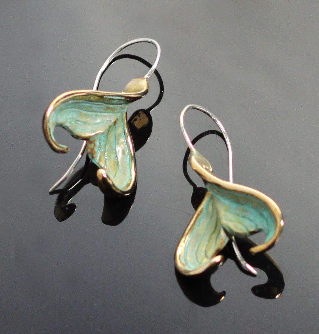 Bronze Mermaid Tail Earrings with Verde Patina