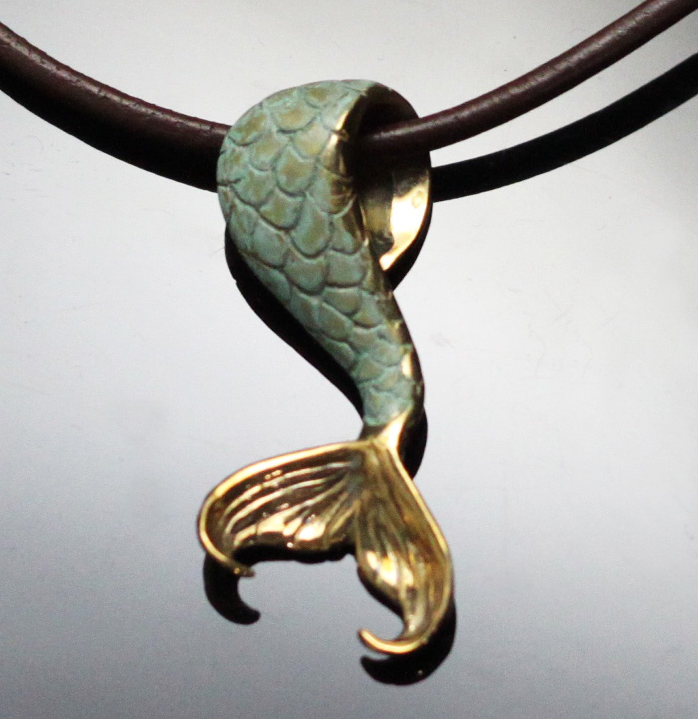 Bronze Mermaid Tail Pendant with Top Verde Patina