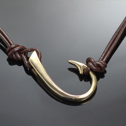 Large Bronze Sideways Hook Necklace on Double Leather