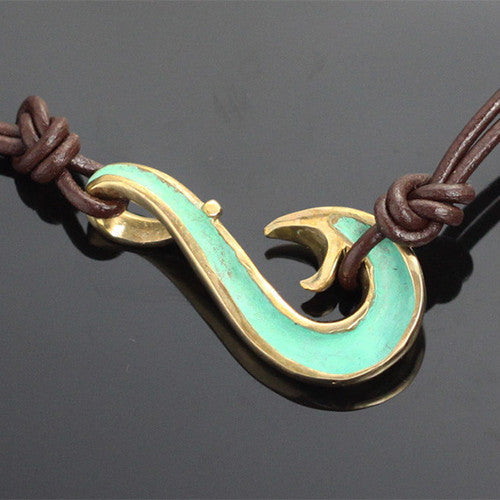 Reversible Bronze Wavy Hook Necklace on Double Leather