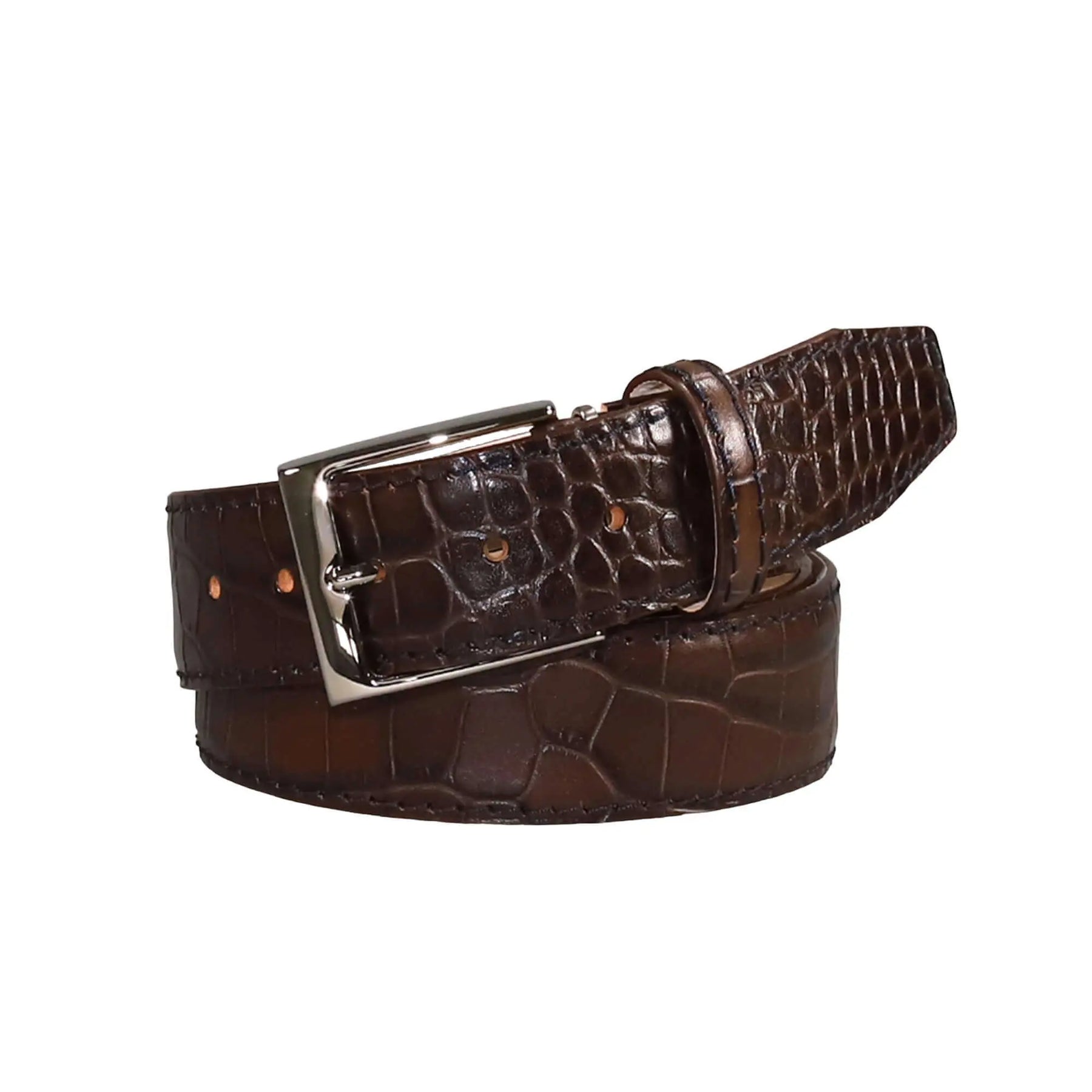 Close up of brown mock croc leather belt texture and stitching