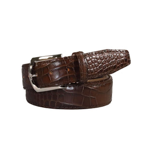 Brown mock croc belt showing handmade leather craftsmanship