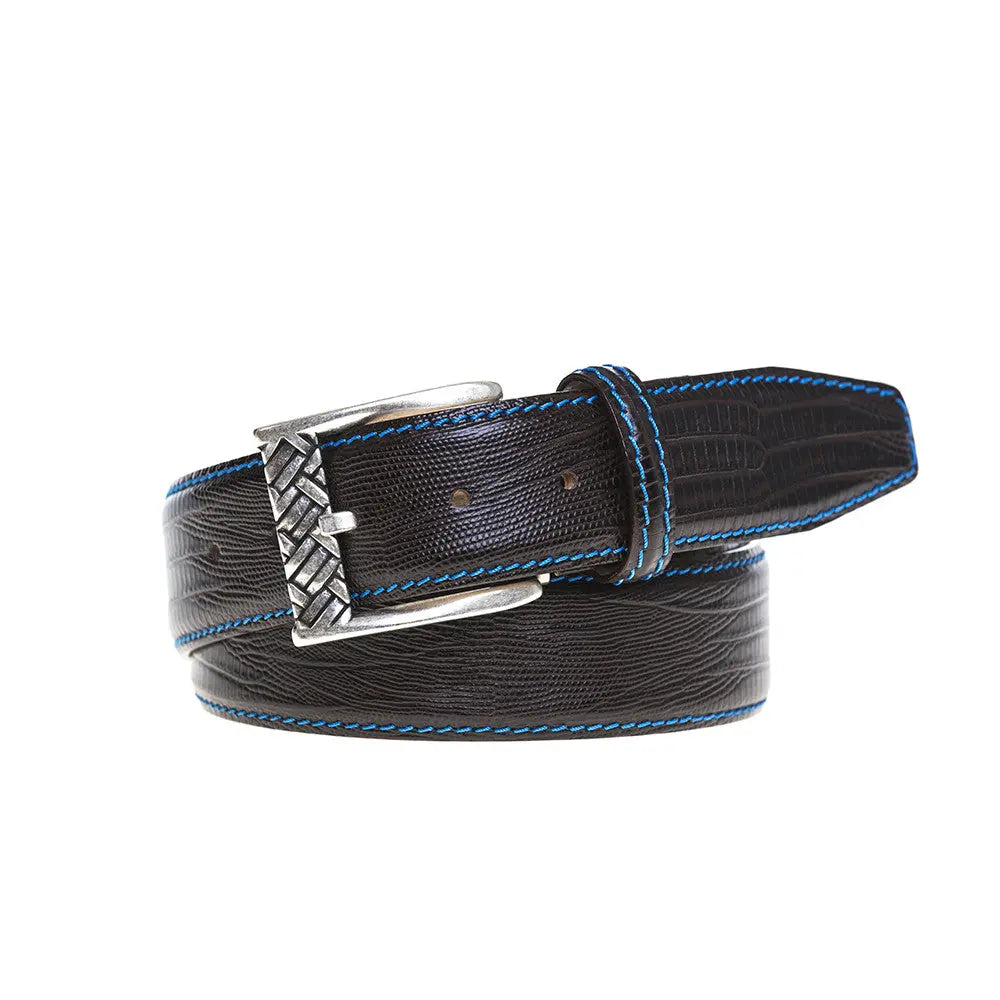 Close up of brown mock lizard leather belt texture