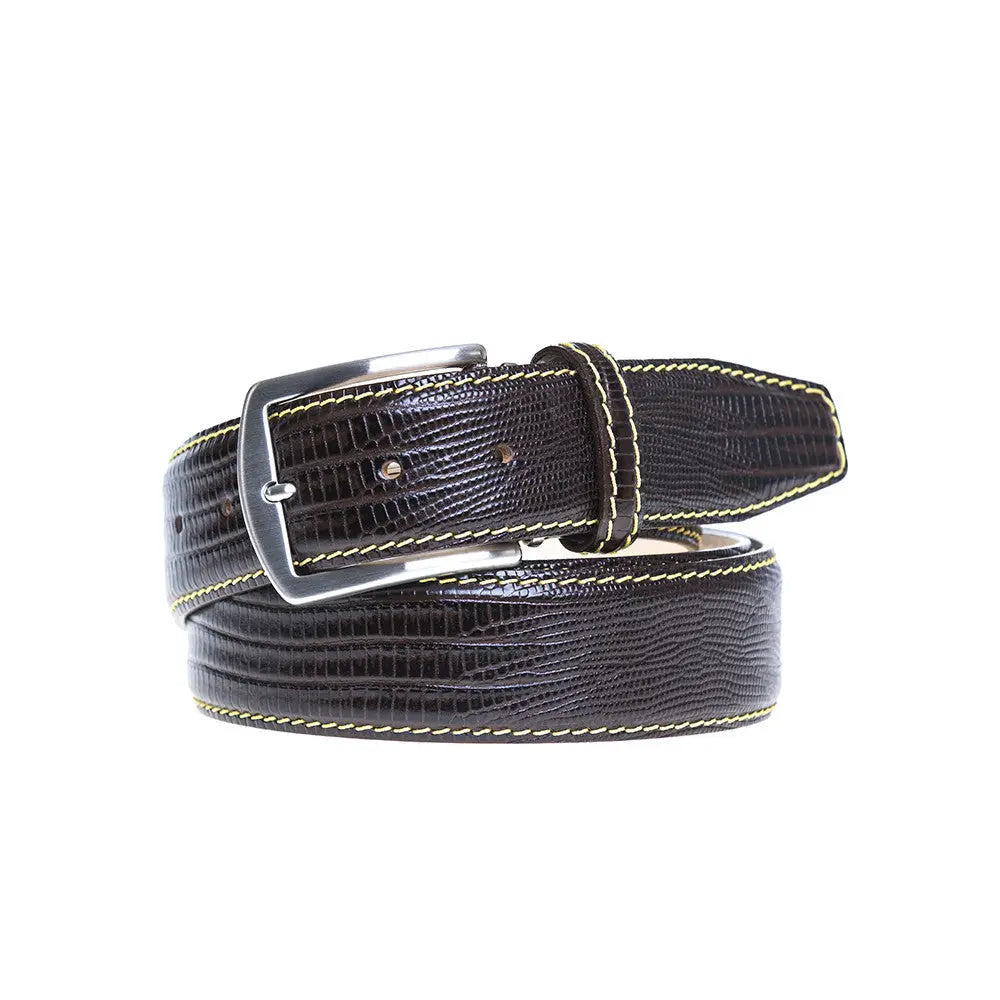 Roger Ximenez brown custom leather belt with mock lizard finish