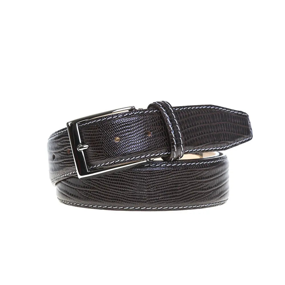 Brown mock lizard belt showing handmade leather craftsmanship